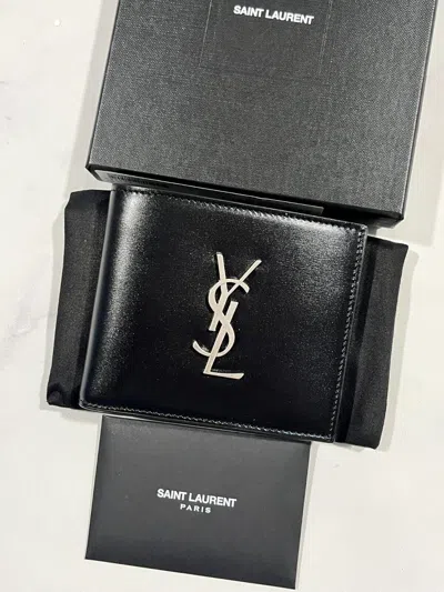 Pre-owned Saint Laurent Ysl  Nwb Black Leather Silver Hardware Bifold Wallet