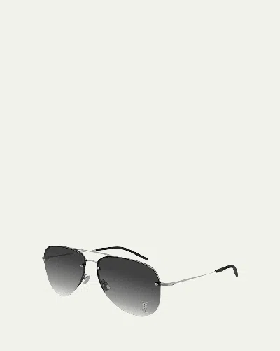 Saint Laurent Ysl Semi-rimless Metal Aviator Sunglasses In 005 Grey Silver