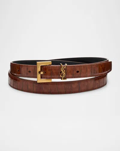 Saint Laurent Ysl Shiny Leather Belt In 9345 Vegetal Brown Croco Embossed