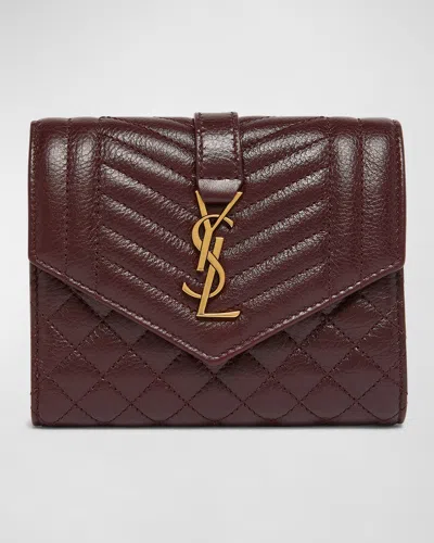 Saint Laurent Ysl Trifold Compact Wallet In Quilted Leather In Wine
