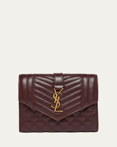 Saint Laurent Ysl Trifold Compact Wallet In Quilted Leather In Wine