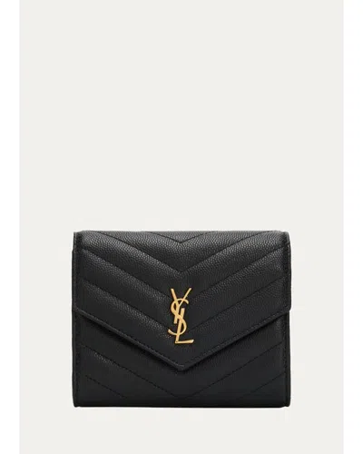 Saint Laurent Ysl Trifold Grain Leather Wallet In Noir