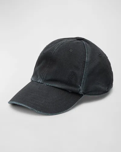 Saint Laurent Ysl Washed Denim Baseball Hat In Black