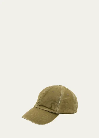 Saint Laurent Ysl Washed Denim Baseball Hat In Kaki