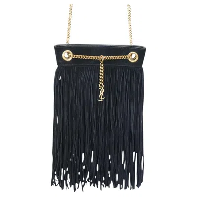 Pre-owned Saint Laurent Ysl Yves  Black Suede Fringe Logo Chain Purse