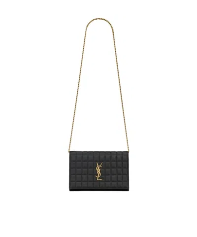 Saint Laurent Cassandre Matelassé Carré Chain Wallet In Quilted Leather In Black