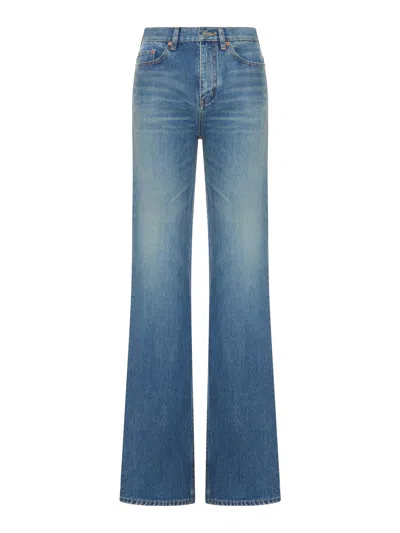 Saint Laurent Yves Flared Jeans In Midi Blue Denim