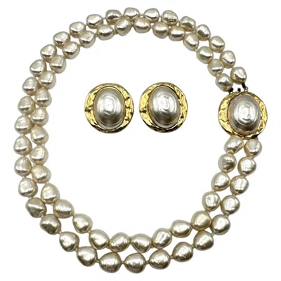 Pre-owned Saint Laurent Yves  1980s Baroque Pearl With Gold Clasp Necklace & Earrings In Multiple