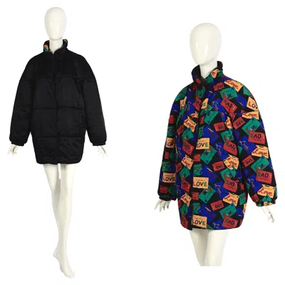 Pre-owned Saint Laurent Yves  1980s Vintage Signed Love Cards Print Reversible Puffer Coat In Black