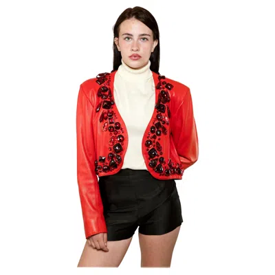 Pre-owned Saint Laurent Yves  1990 Glass Bead Leather Cropped Jacket In Red