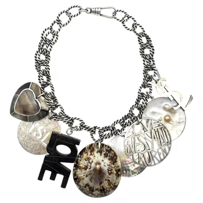 Pre-owned Saint Laurent Yves  1990s Antique Silver Tone, Shell & Pearl Large Charm Necklace In Multiple