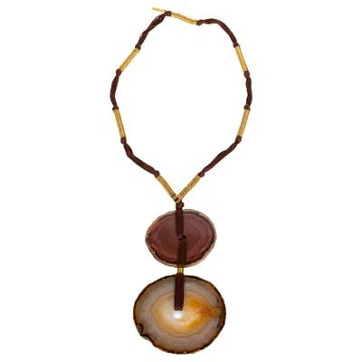 Pre-owned Saint Laurent Yves  Agate Disc Pendant Necklace 2010 In Brown