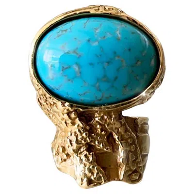 Pre-owned Saint Laurent Yves  Arty Ring Ysl Turquoise Statement Gold Ring In Multi