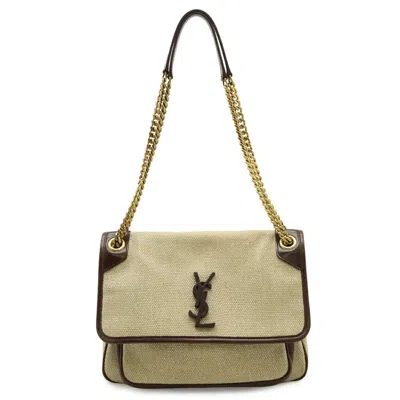 Pre-owned Saint Laurent Yves  Beige Dark Brown Linen Leather Shoulder Bag () In Beige, Dark Brown
