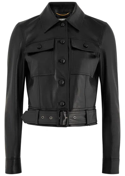 Saint Laurent Yves  Belted Panelled Leather Jacket In Black