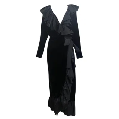 Pre-owned Saint Laurent Yves  Black Velvet Gown With Taffeta Ruffled Trim, 1980s