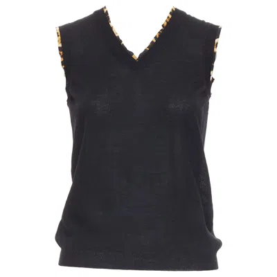 Pre-owned Saint Laurent Yves  Black Virgin Wool Leopard Silk Trim Sweater Vest S