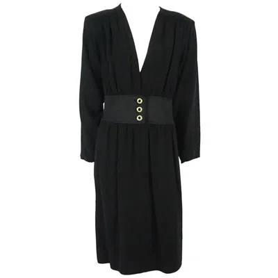 Pre-owned Saint Laurent Yves  Black Wool Crepe Long Sleeve Dress-40-circa 70's
