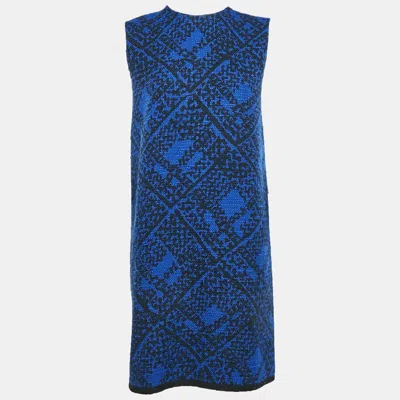 Pre-owned Saint Laurent Yves  Blue/black Wool Blend Woven Mini Shift Dress M