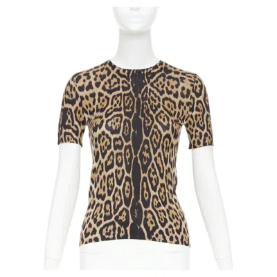 Pre-owned Saint Laurent Yves  Brown Cashmere Silk Leopard Logo Crew Knit Sweater Top S