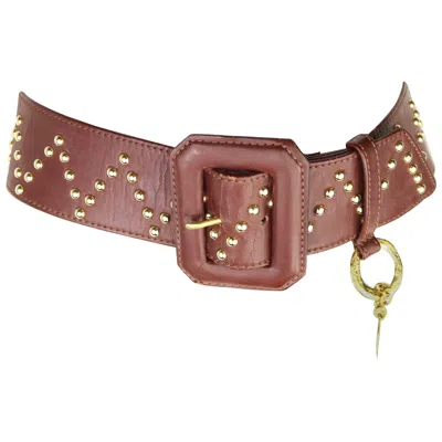Pre-owned Saint Laurent Yves  Brown Leather Gold Toned Studs With Gold Heart Charm Belt