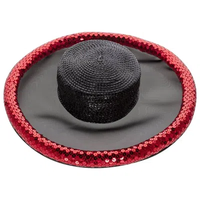 Pre-owned Saint Laurent Yves  Couture Black Illusion Red Sequins Hat Ysl, 1989