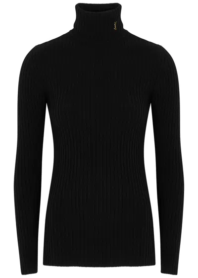 Saint Laurent Yves  Dark Brown Roll-neck Ribbed-knit Jumper In Black