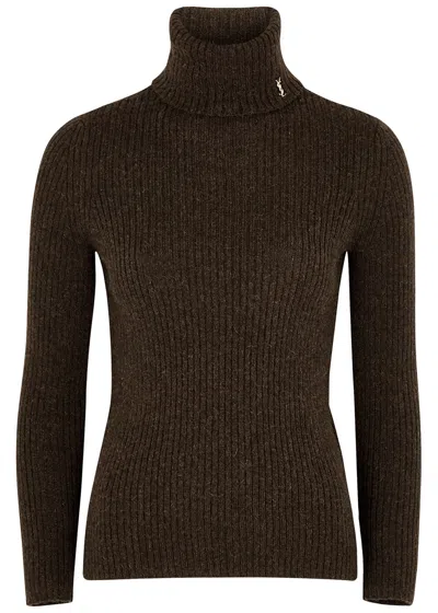Saint Laurent Yves  Dark Brown Roll-neck Ribbed-knit Jumper In Chocolate