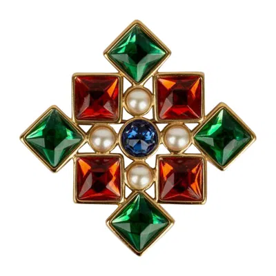 Pre-owned Saint Laurent Yves  Gold Plated Metal Brooch/pendant With Rhinestones In Multi