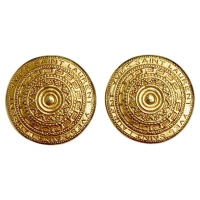 Pre-owned Saint Laurent Yves  Gold Tone Round Clip On Statement Earrings Circa 1980s In Brown