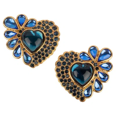 Pre-owned Saint Laurent Yves  Heart Earrings With Blue Rhinestones