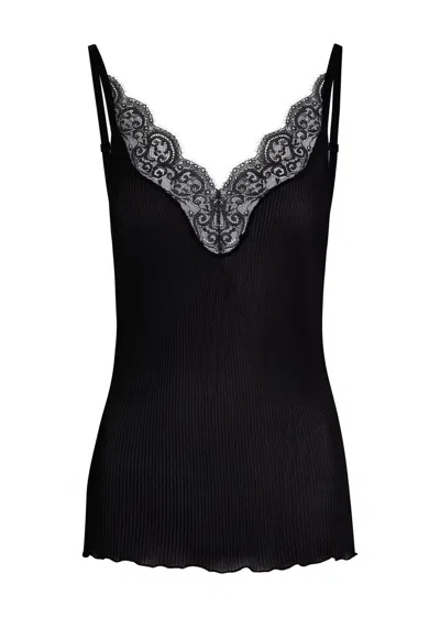 SAINT LAURENT SAINT LAURENT LACE-TRIMMED RIBBED SILK TANK