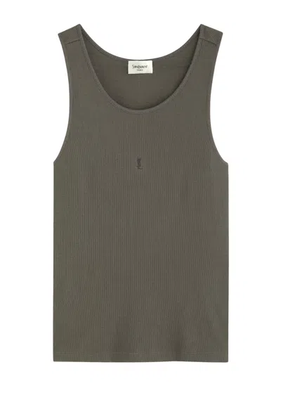 Saint Laurent Yves  Logo-embroidered Ribbed Cotton Tank In Grey