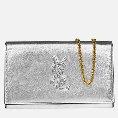 Pre-owned Saint Laurent Yves  Metallic Silver Leather Belle De Jour Woc