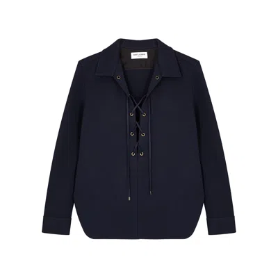 Saint Laurent Yves  Navy Lace-up Wool-blend Top In Purple