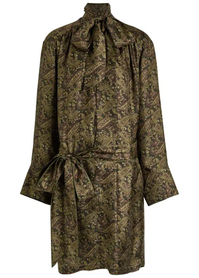 Saint Laurent Pussy-bow Belted Paisley-print Silk-twill Mini Dress In Green