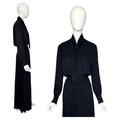 Pre-owned Saint Laurent Yves  "rive Gauche" 70s Black Scarf Blouse & Maxi Skirt Set