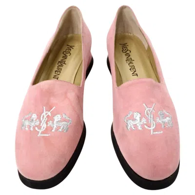Pre-owned Saint Laurent Yves  Rose Suede Embroidered Covered Wedge Loafers Circa 1998 In Red