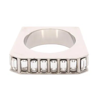 Pre-owned Saint Laurent Yves  Silver Clear Rhinestone Stainless Steel Band Ring () In Silver, Clear