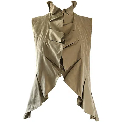 Pre-owned Saint Laurent Yves  Size 40 / Us 8 Khaki Tan Ysl Cotton Safari Ruffle Vest Top In Brown