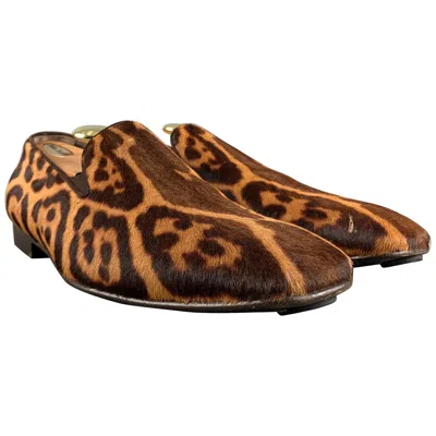 Pre-owned Saint Laurent Yves  Size 8 Brown Tan Animal Print Leather Slip On Loafers