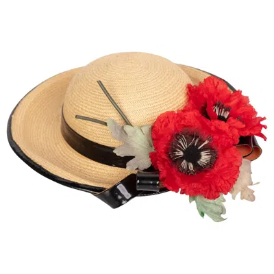 Pre-owned Saint Laurent Yves  Straw And Black Patent Leather Red Poppy Flower Hat, 1970s
