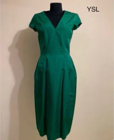 Pre-owned Saint Laurent Yves  V Neck Pencil Dress Green Short Sleeve Sz 36 38 S M 6 4