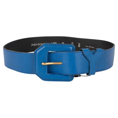 Pre-owned Saint Laurent Yves  Vintage Blue Leather Belt With Gold Metal Accents