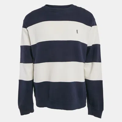 Pre-owned Saint Laurent Yves  Vintage Blue/white Striped Cotton Pique Long Sleeve T-shirt L