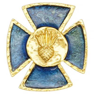Pre-owned Saint Laurent Yves  Ysl Arty Gold Green Blue Maltese Cross Thistle Pendant Brooch