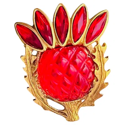 Pre-owned Saint Laurent Yves  Ysl Arty Gold Gripoix Red Ruby Thistle Chunky Brooch Pendant