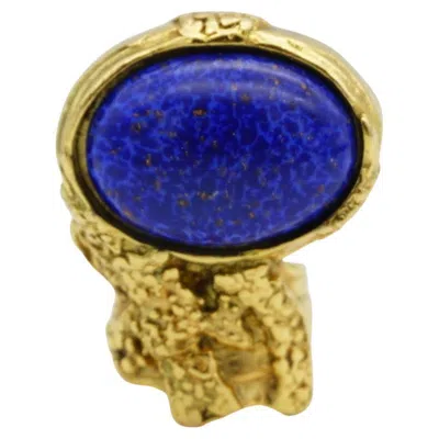 Pre-owned Saint Laurent Yves  Ysl Arty Lapis Cocktail Navy Cabochon Statement Ring, Size 5 In Blue