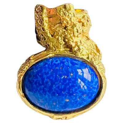 Pre-owned Saint Laurent Yves  Ysl Arty Lapis Navy Blue Cabochon Cocktail Statement Ring 5