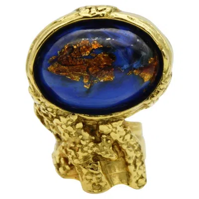 Pre-owned Saint Laurent Yves  Ysl Arty Large Foil Lapis Navy Cabochon Cocktail Ring, Us 5 In Blue